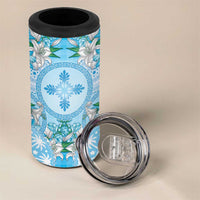 Hawaii Cyan Palaka 4 in 1 Can Cooler Tumbler With Tapa Pattern Tropical Flowers - Polynesian Pride