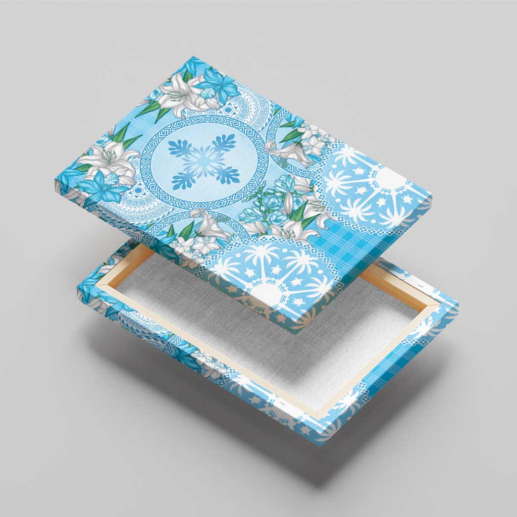 Hawaii Cyan Palaka Canvas Wall Art With Tapa Pattern Tropical Flowers LT05 - Polynesian Pride