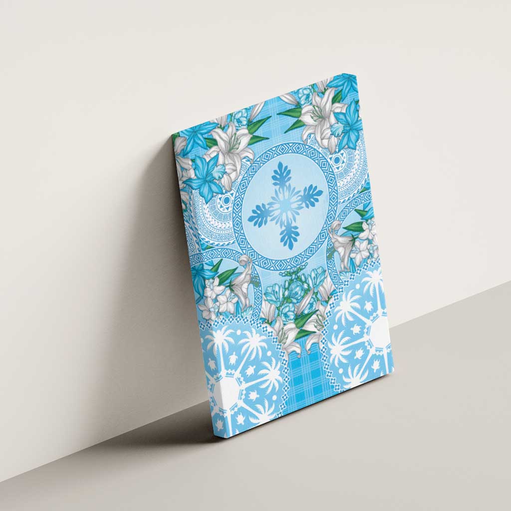 Hawaii Cyan Palaka Canvas Wall Art With Tapa Pattern Tropical Flowers LT05 - Polynesian Pride