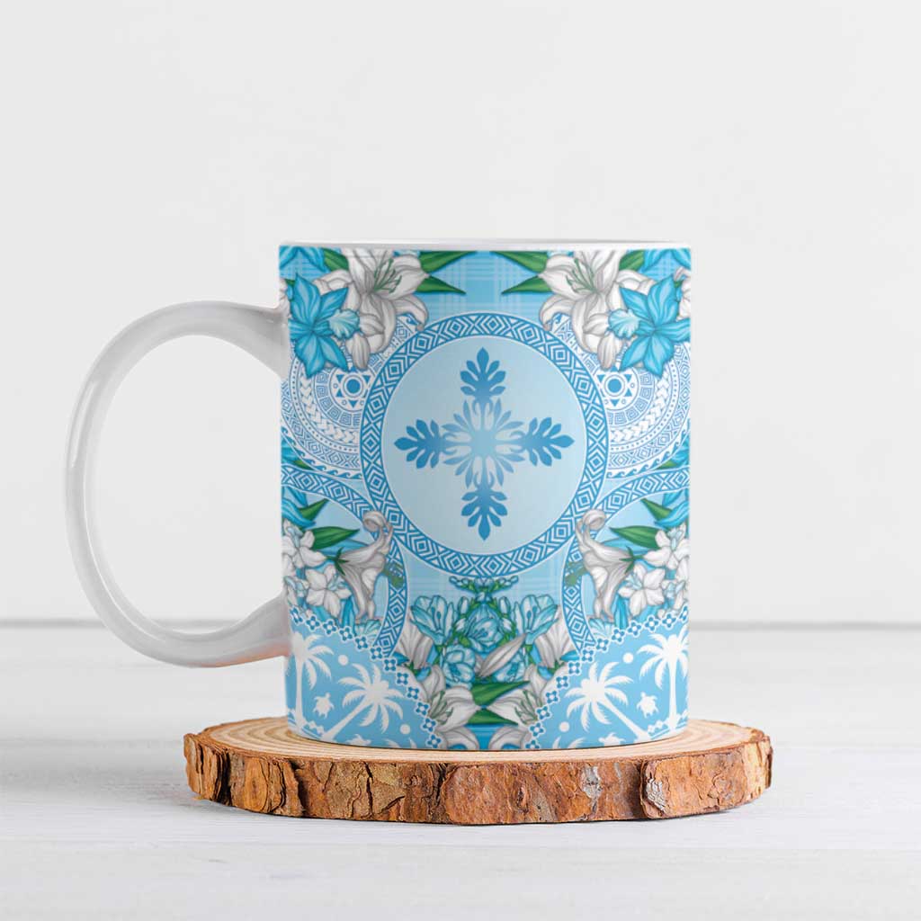 Hawaii Cyan Palaka Ceramic Mug With Tapa Pattern Tropical Flowers LT05 Cyan - Polynesian Pride