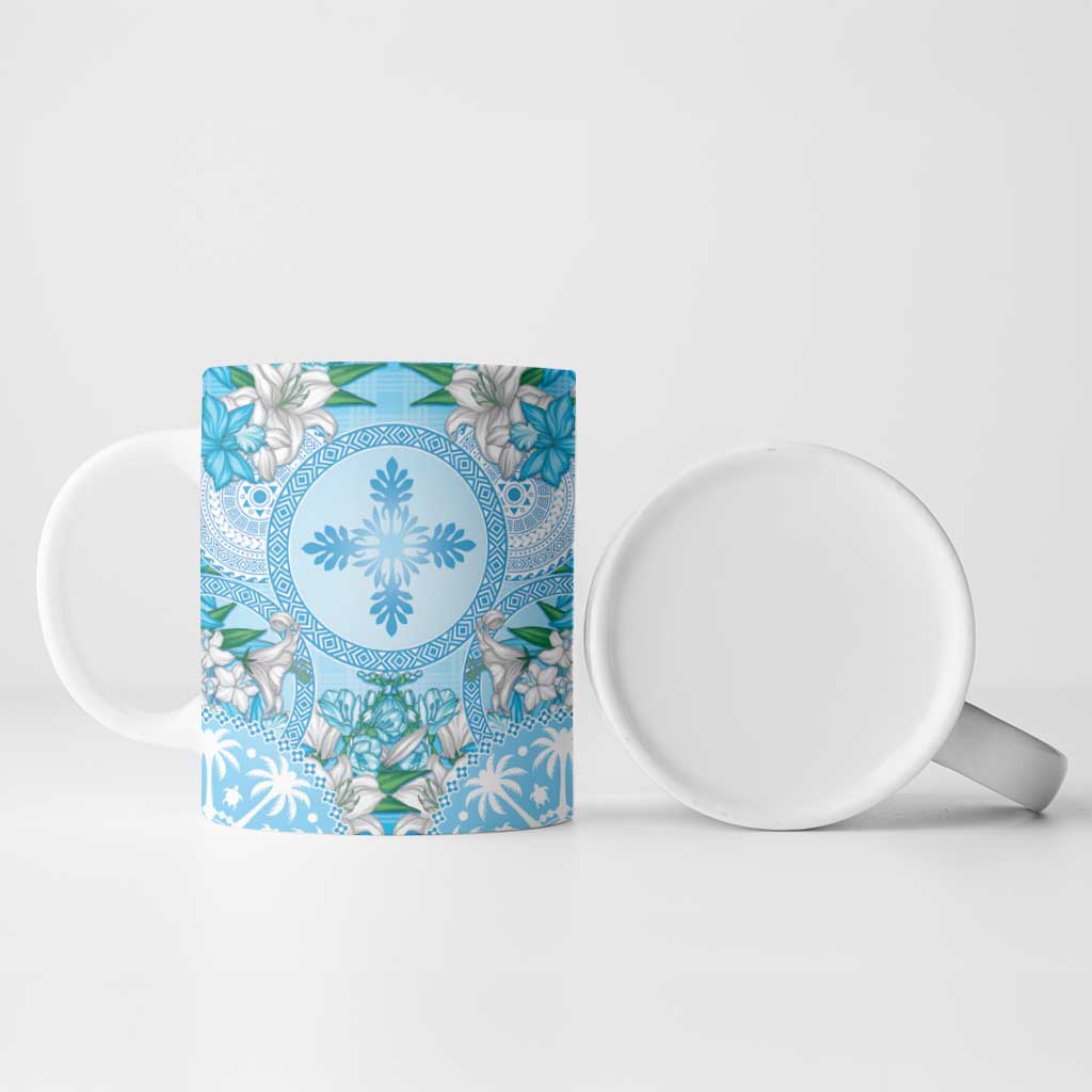 Hawaii Cyan Palaka Ceramic Mug With Tapa Pattern Tropical Flowers LT05 - Polynesian Pride