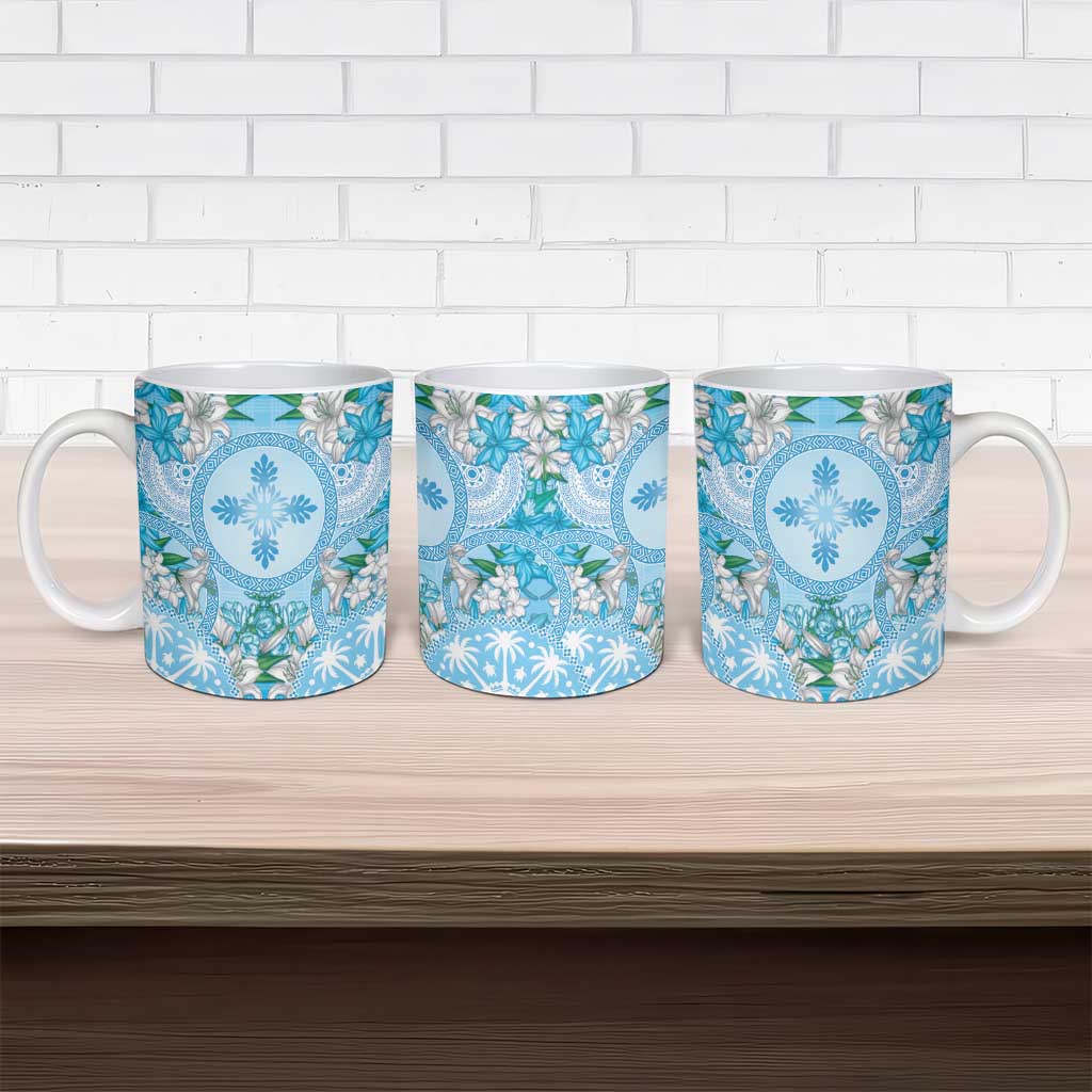 Hawaii Cyan Palaka Ceramic Mug With Tapa Pattern Tropical Flowers LT05 - Polynesian Pride