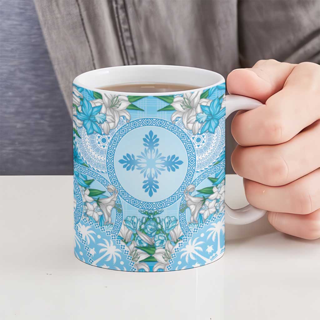 Hawaii Cyan Palaka Ceramic Mug With Tapa Pattern Tropical Flowers LT05 - Polynesian Pride