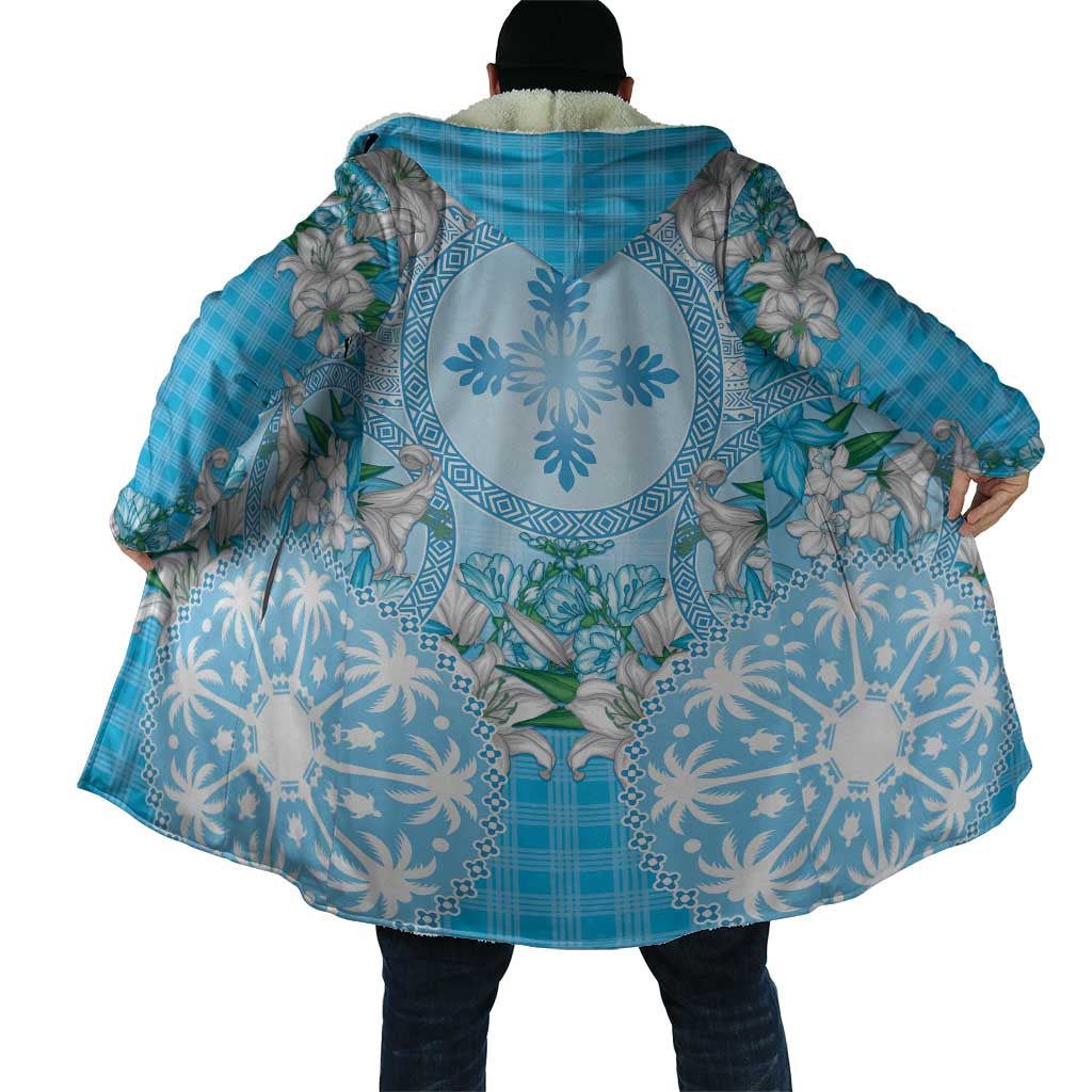 Hawaii Cyan Palaka Cloak With Tapa Pattern Tropical Flowers - Polynesian Pride