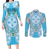 Hawaii Cyan Palaka Couples Matching Long Sleeve Bodycon Dress and Long Sleeve Button Shirt With Tapa Pattern Tropical Flowers - Polynesian Pride