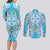 Hawaii Cyan Palaka Couples Matching Long Sleeve Bodycon Dress and Long Sleeve Button Shirt With Tapa Pattern Tropical Flowers - Polynesian Pride