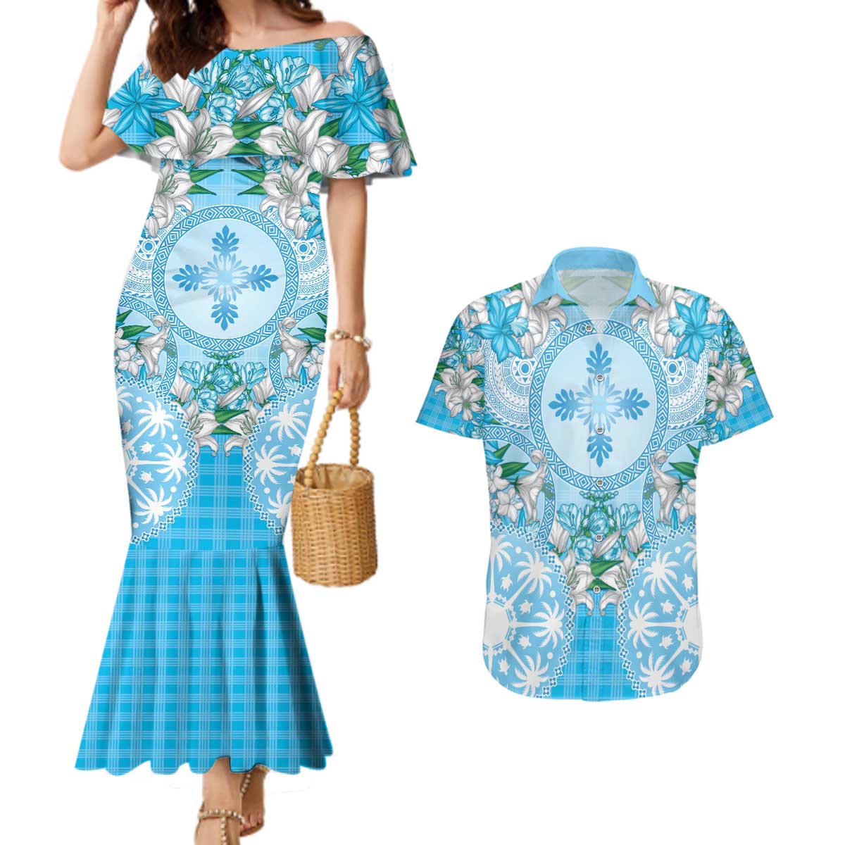 Hawaii Cyan Palaka Couples Matching Mermaid Dress and Hawaiian Shirt With Tapa Pattern Tropical Flowers - Polynesian Pride