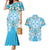 Hawaii Cyan Palaka Couples Matching Mermaid Dress and Hawaiian Shirt With Tapa Pattern Tropical Flowers - Polynesian Pride