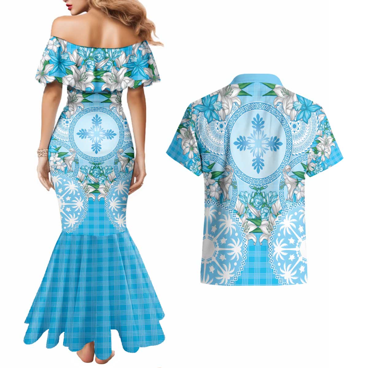 Hawaii Cyan Palaka Couples Matching Mermaid Dress and Hawaiian Shirt With Tapa Pattern Tropical Flowers - Polynesian Pride