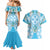Hawaii Cyan Palaka Couples Matching Mermaid Dress and Hawaiian Shirt With Tapa Pattern Tropical Flowers - Polynesian Pride