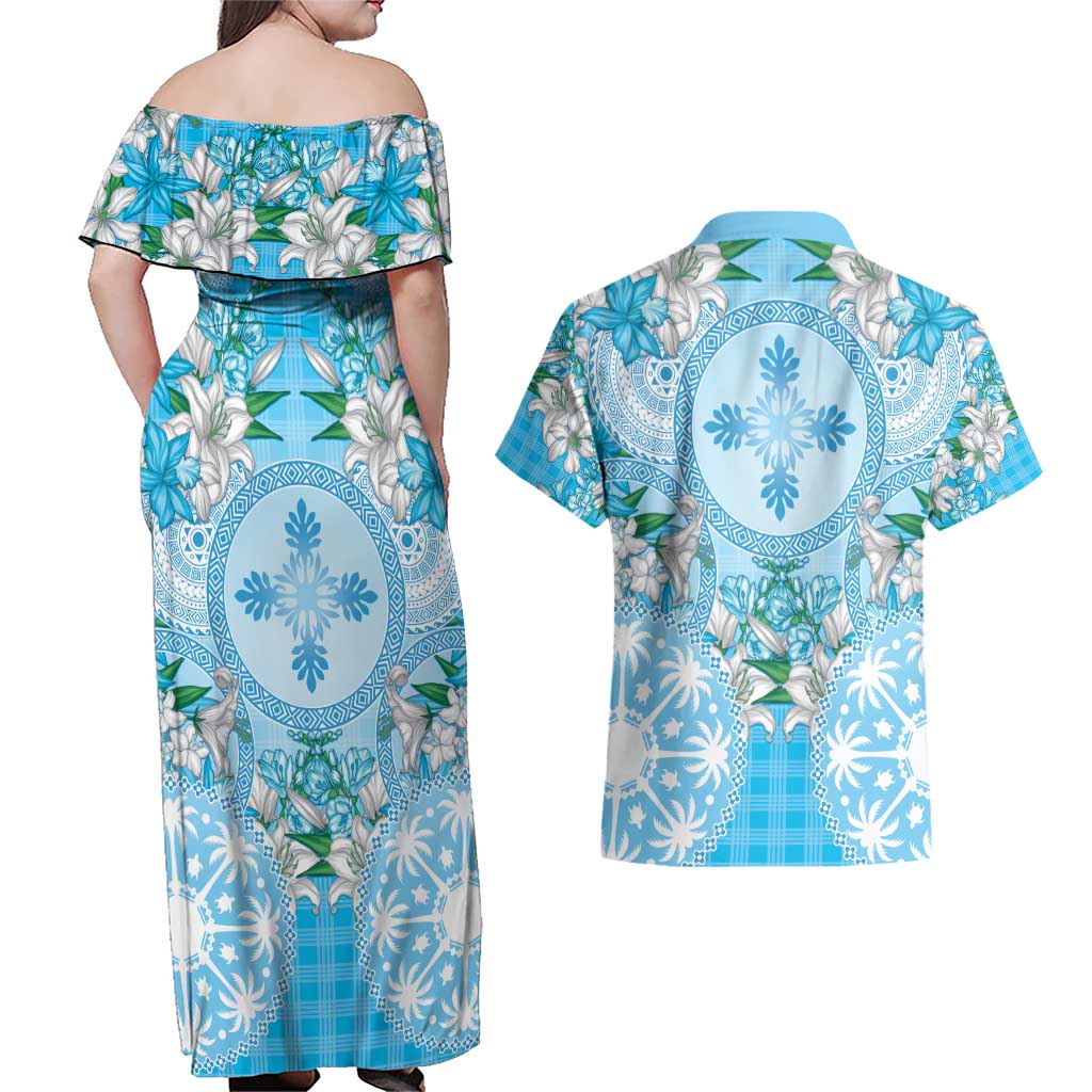 Hawaii Cyan Palaka Couples Matching Off Shoulder Maxi Dress and Hawaiian Shirt With Tapa Pattern Tropical Flowers - Polynesian Pride