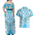 Hawaii Cyan Palaka Couples Matching Off Shoulder Maxi Dress and Hawaiian Shirt With Tapa Pattern Tropical Flowers - Polynesian Pride