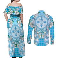 Hawaii Cyan Palaka Couples Matching Off Shoulder Maxi Dress and Long Sleeve Button Shirt With Tapa Pattern Tropical Flowers - Polynesian Pride