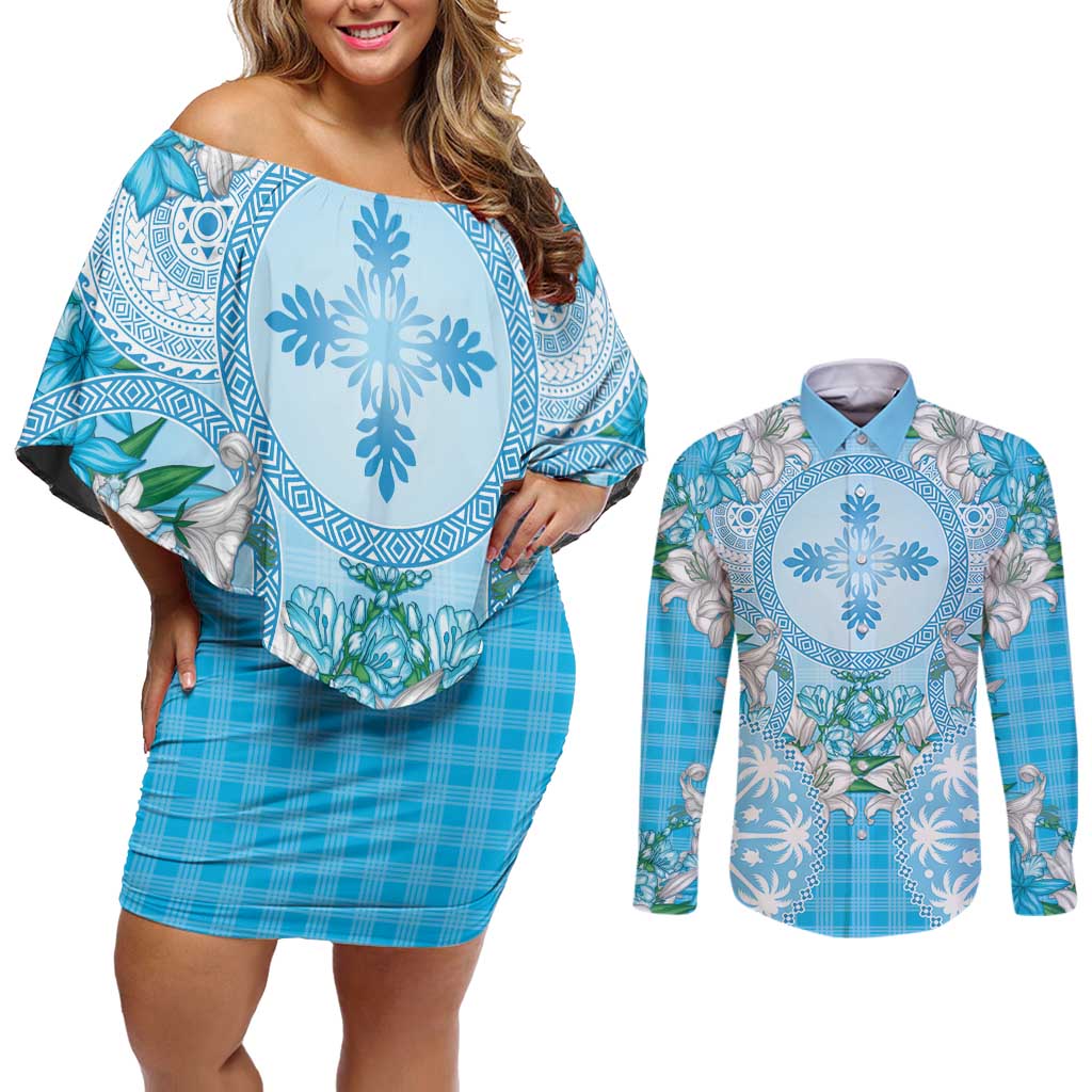 Hawaii Cyan Palaka Couples Matching Off Shoulder Short Dress and Long Sleeve Button Shirt With Tapa Pattern Tropical Flowers - Polynesian Pride