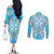Hawaii Cyan Palaka Couples Matching Off The Shoulder Long Sleeve Dress and Long Sleeve Button Shirt With Tapa Pattern Tropical Flowers - Polynesian Pride