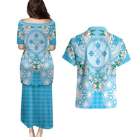 Hawaii Cyan Palaka Couples Matching Puletasi and Hawaiian Shirt With Tapa Pattern Tropical Flowers LT05 - Polynesian Pride