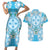 Hawaii Cyan Palaka Couples Matching Short Sleeve Bodycon Dress and Hawaiian Shirt With Tapa Pattern Tropical Flowers - Polynesian Pride