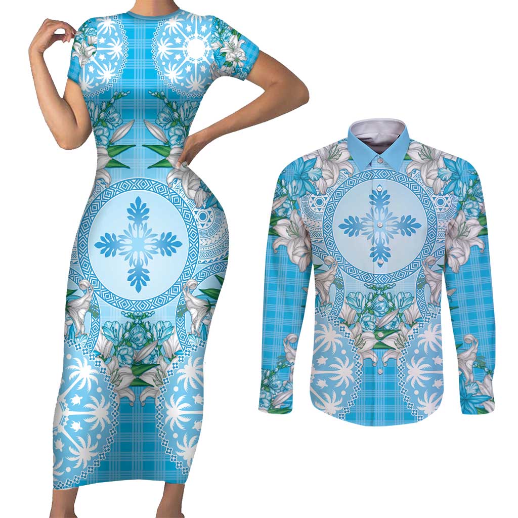 Hawaii Cyan Palaka Couples Matching Short Sleeve Bodycon Dress and Long Sleeve Button Shirt With Tapa Pattern Tropical Flowers - Polynesian Pride