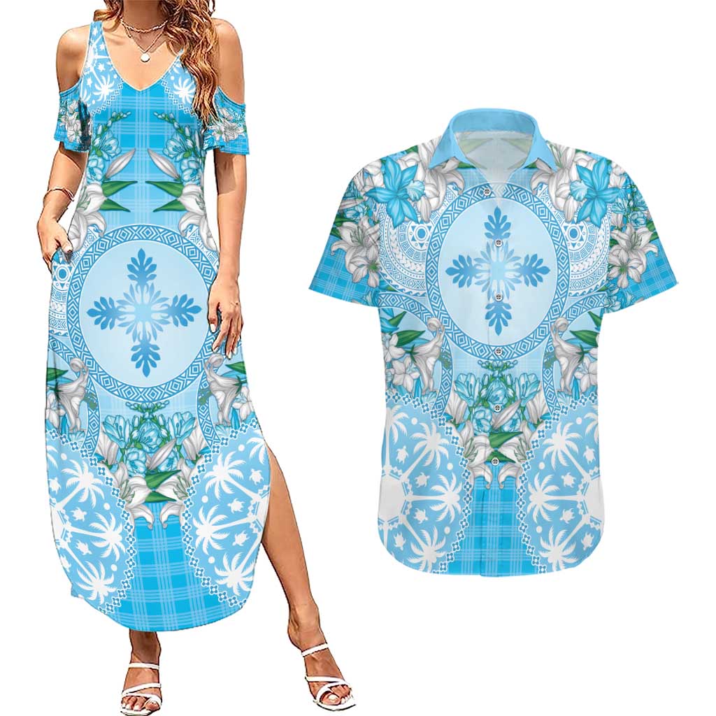 Hawaii Cyan Palaka Couples Matching Summer Maxi Dress and Hawaiian Shirt With Tapa Pattern Tropical Flowers - Polynesian Pride