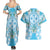 Hawaii Cyan Palaka Couples Matching Summer Maxi Dress and Hawaiian Shirt With Tapa Pattern Tropical Flowers - Polynesian Pride