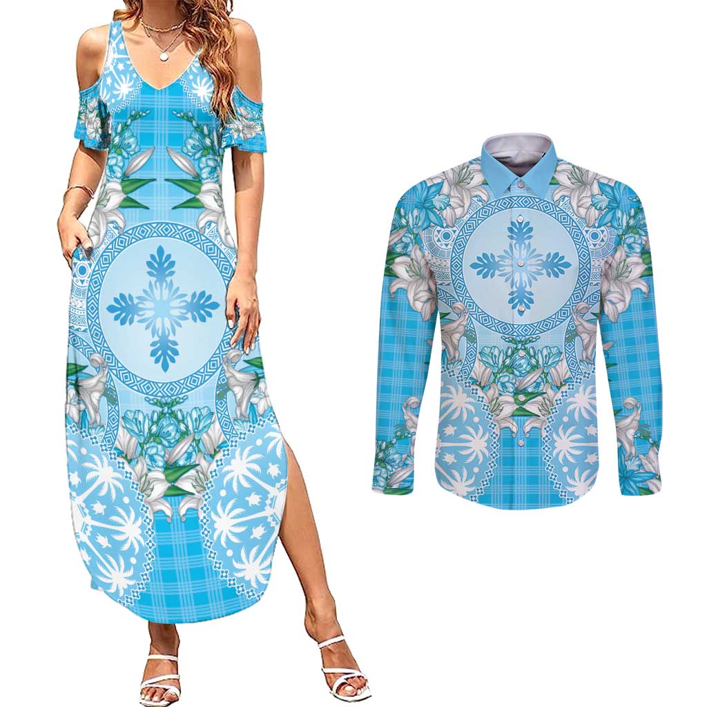 Hawaii Cyan Palaka Couples Matching Summer Maxi Dress and Long Sleeve Button Shirt With Tapa Pattern Tropical Flowers - Polynesian Pride
