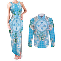 Hawaii Cyan Palaka Couples Matching Tank Maxi Dress and Long Sleeve Button Shirt With Tapa Pattern Tropical Flowers - Polynesian Pride