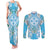 Hawaii Cyan Palaka Couples Matching Tank Maxi Dress and Long Sleeve Button Shirt With Tapa Pattern Tropical Flowers - Polynesian Pride