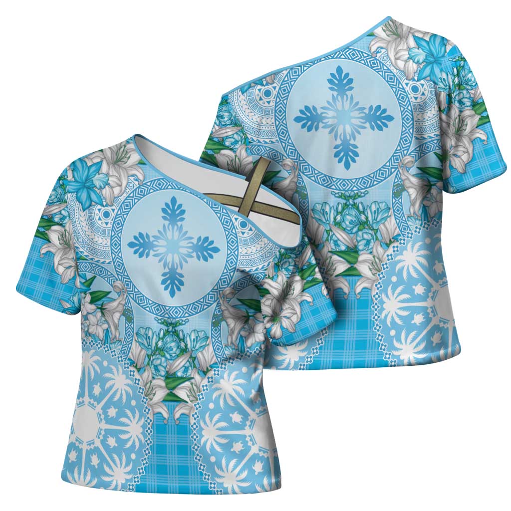 Hawaii Cyan Palaka Cross Shoulder Shirt With Tapa Pattern Tropical Flowers LT05 - Polynesian Pride