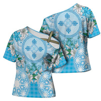 Hawaii Cyan Palaka Cross Shoulder Shirt With Tapa Pattern Tropical Flowers LT05 - Polynesian Pride