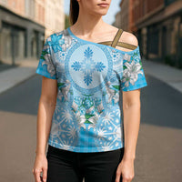 Hawaii Cyan Palaka Cross Shoulder Shirt With Tapa Pattern Tropical Flowers LT05 - Polynesian Pride