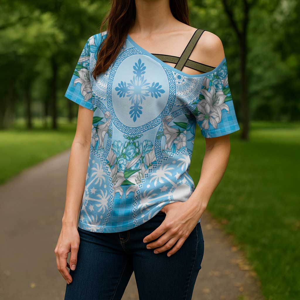 Hawaii Cyan Palaka Cross Shoulder Shirt With Tapa Pattern Tropical Flowers LT05 - Polynesian Pride