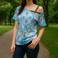 Hawaii Cyan Palaka Cross Shoulder Shirt With Tapa Pattern Tropical Flowers LT05 - Polynesian Pride