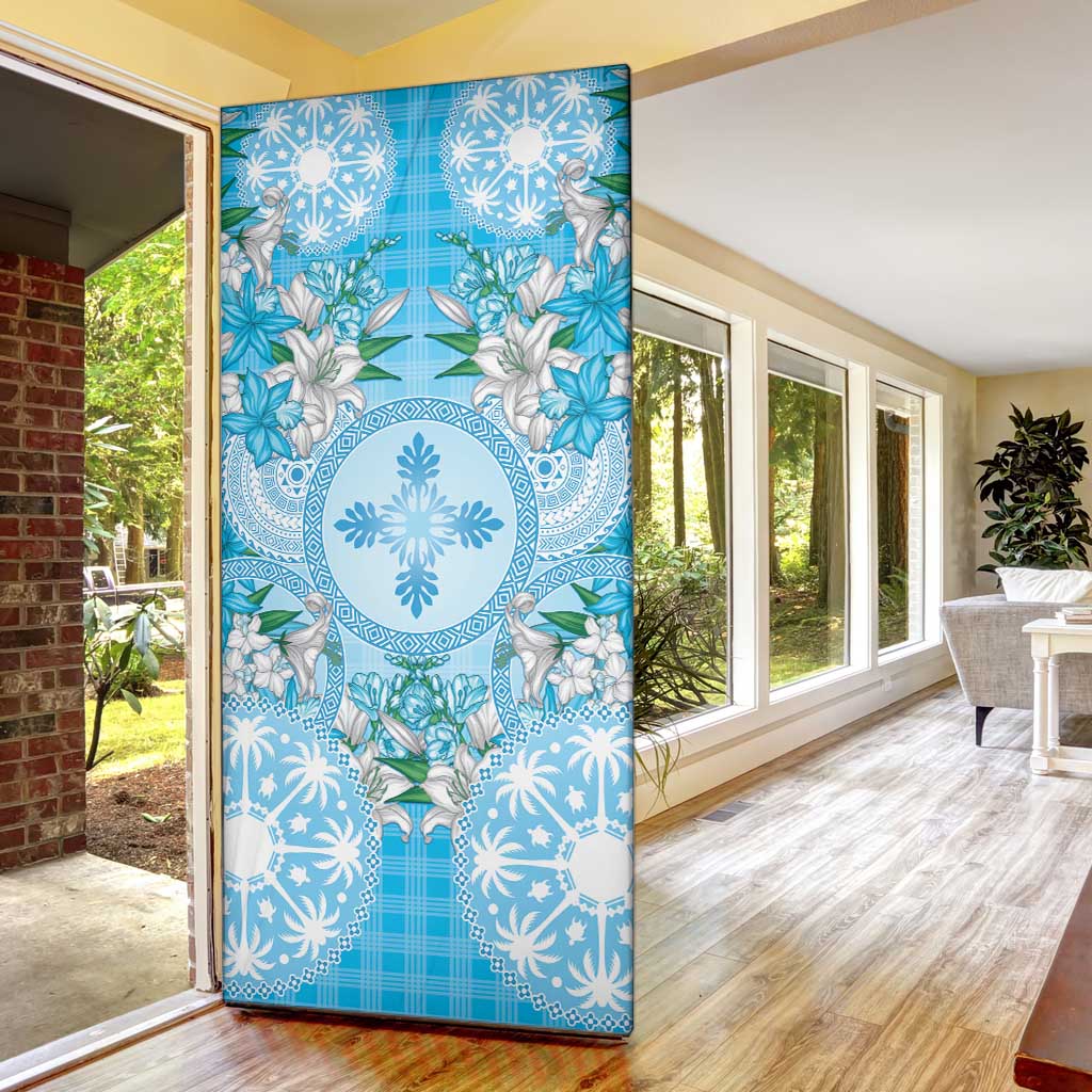 Hawaii Cyan Palaka Door Cover With Tapa Pattern Tropical Flowers - Polynesian Pride