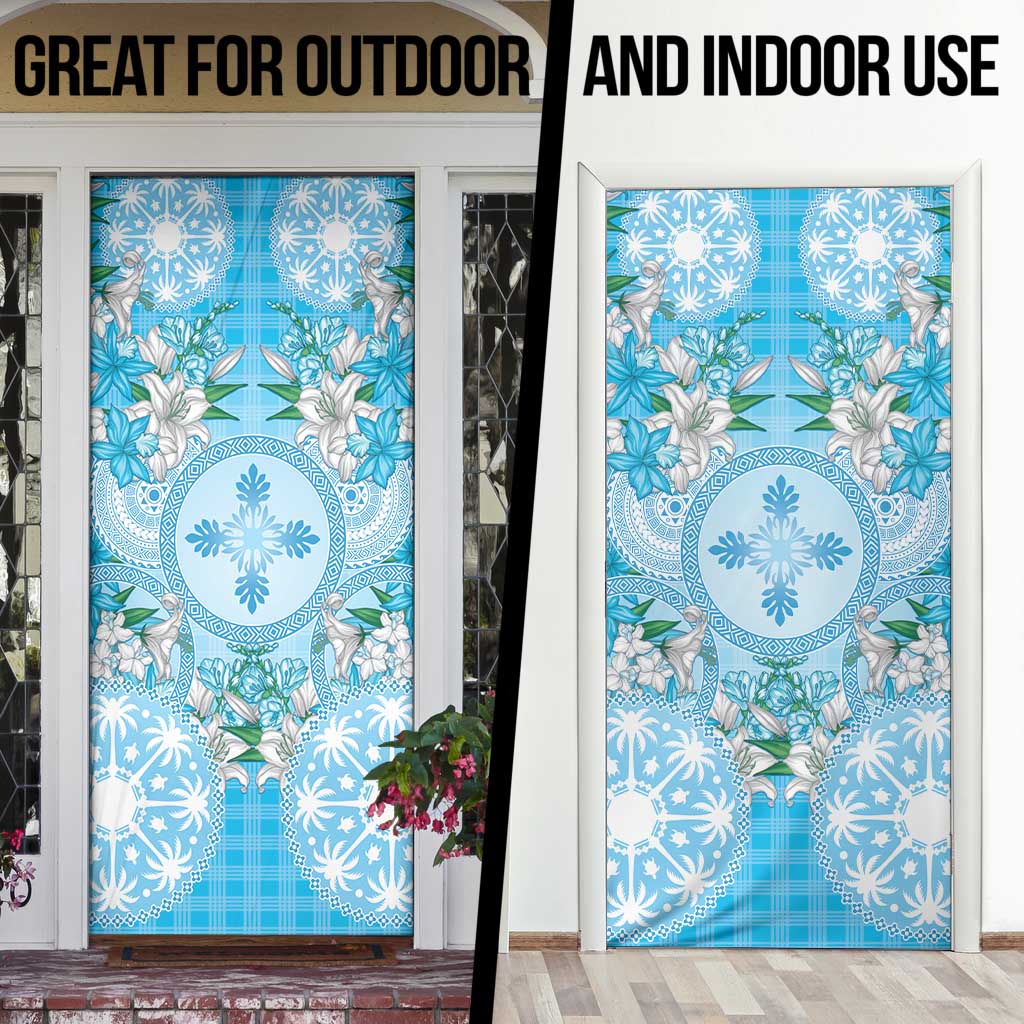 Hawaii Cyan Palaka Door Cover With Tapa Pattern Tropical Flowers - Polynesian Pride