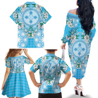 Hawaii Cyan Palaka Family Matching Off The Shoulder Long Sleeve Dress and Hawaiian Shirt With Tapa Pattern Tropical Flowers - Polynesian Pride