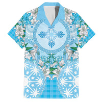 Hawaii Cyan Palaka Family Matching Off The Shoulder Long Sleeve Dress and Hawaiian Shirt With Tapa Pattern Tropical Flowers - Polynesian Pride