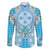 Hawaii Cyan Palaka Family Matching Off The Shoulder Long Sleeve Dress and Hawaiian Shirt With Tapa Pattern Tropical Flowers - Polynesian Pride