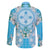 Hawaii Cyan Palaka Family Matching Off The Shoulder Long Sleeve Dress and Hawaiian Shirt With Tapa Pattern Tropical Flowers - Polynesian Pride