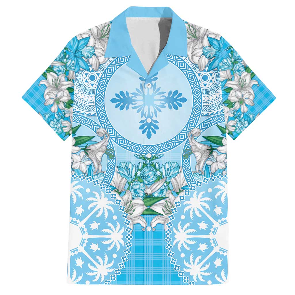 Hawaii Cyan Palaka Family Matching Off Shoulder Maxi Dress and Hawaiian Shirt With Tapa Pattern Tropical Flowers - Polynesian Pride