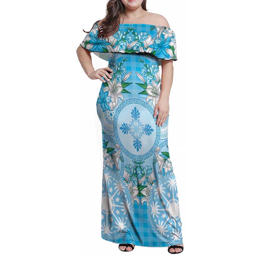 Hawaii Cyan Palaka Family Matching Off Shoulder Maxi Dress and Hawaiian Shirt With Tapa Pattern Tropical Flowers - Polynesian Pride