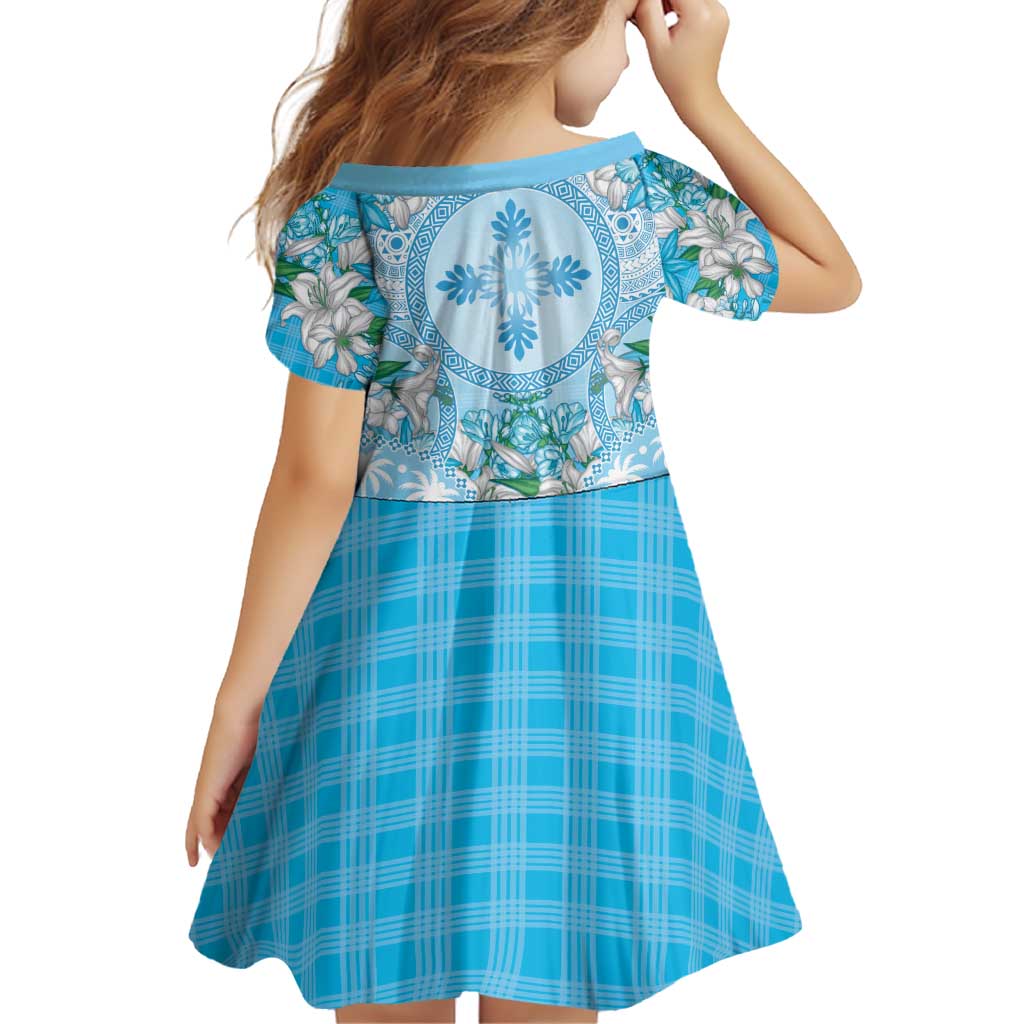 Hawaii Cyan Palaka Family Matching Off Shoulder Short Dress and Hawaiian Shirt With Tapa Pattern Tropical Flowers - Polynesian Pride