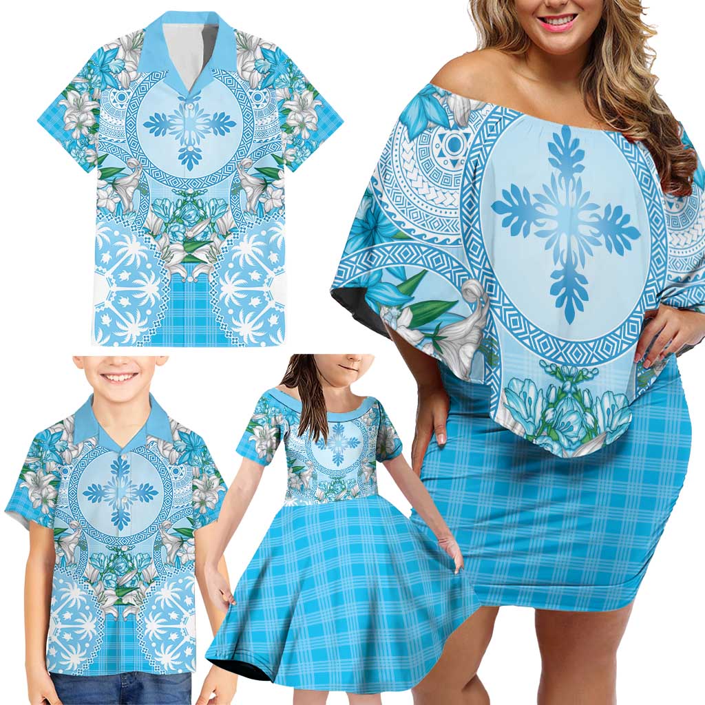 Hawaii Cyan Palaka Family Matching Off Shoulder Short Dress and Hawaiian Shirt With Tapa Pattern Tropical Flowers - Polynesian Pride