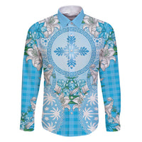 Hawaii Cyan Palaka Family Matching Puletasi and Hawaiian Shirt With Tapa Pattern Tropical Flowers LT05 Dad's Shirt - Long Sleeve Cyan - Polynesian Pride