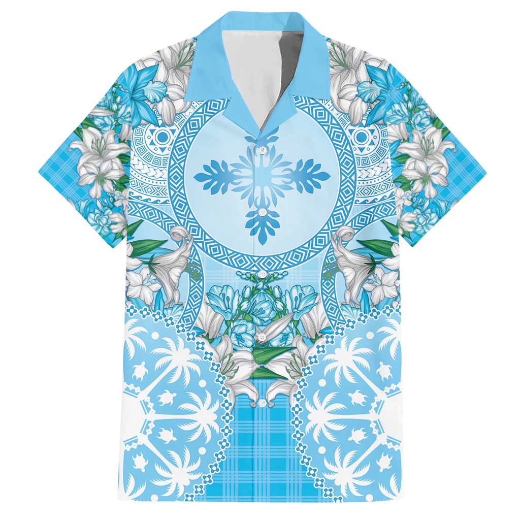 Hawaii Cyan Palaka Family Matching Short Sleeve Bodycon Dress and Hawaiian Shirt With Tapa Pattern Tropical Flowers - Polynesian Pride