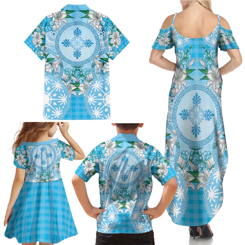 Hawaii Cyan Palaka Family Matching Summer Maxi Dress and Hawaiian Shirt With Tapa Pattern Tropical Flowers - Polynesian Pride