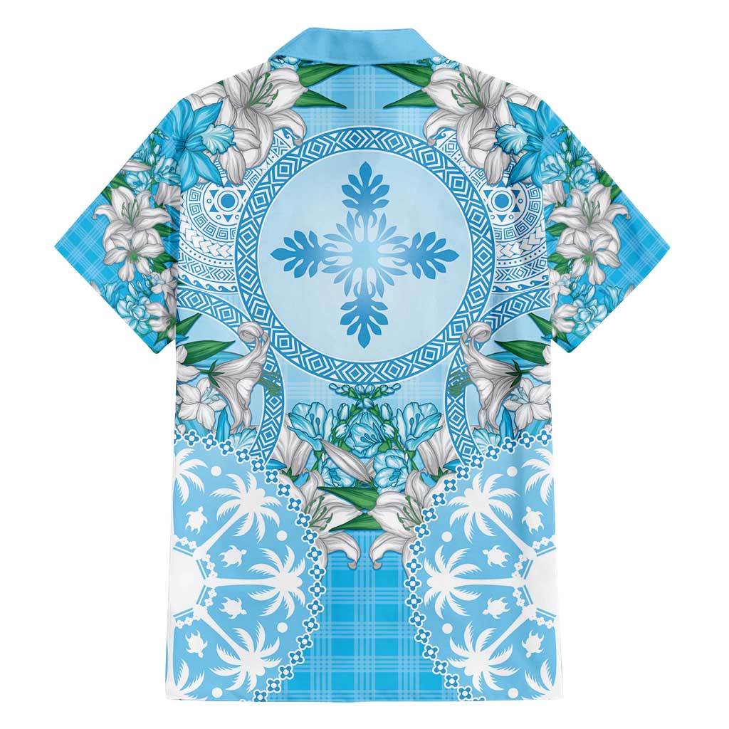 Hawaii Cyan Palaka Family Matching Summer Maxi Dress and Hawaiian Shirt With Tapa Pattern Tropical Flowers - Polynesian Pride