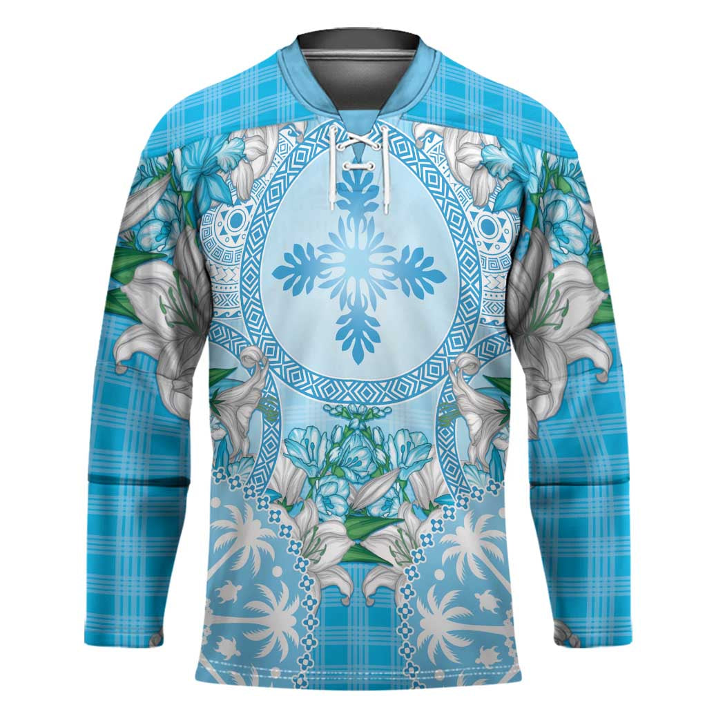 Hawaii Cyan Palaka Hockey Jersey With Tapa Pattern Tropical Flowers LT05 Unisex Cyan - Polynesian Pride