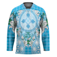 Hawaii Cyan Palaka Hockey Jersey With Tapa Pattern Tropical Flowers LT05 Unisex Cyan - Polynesian Pride