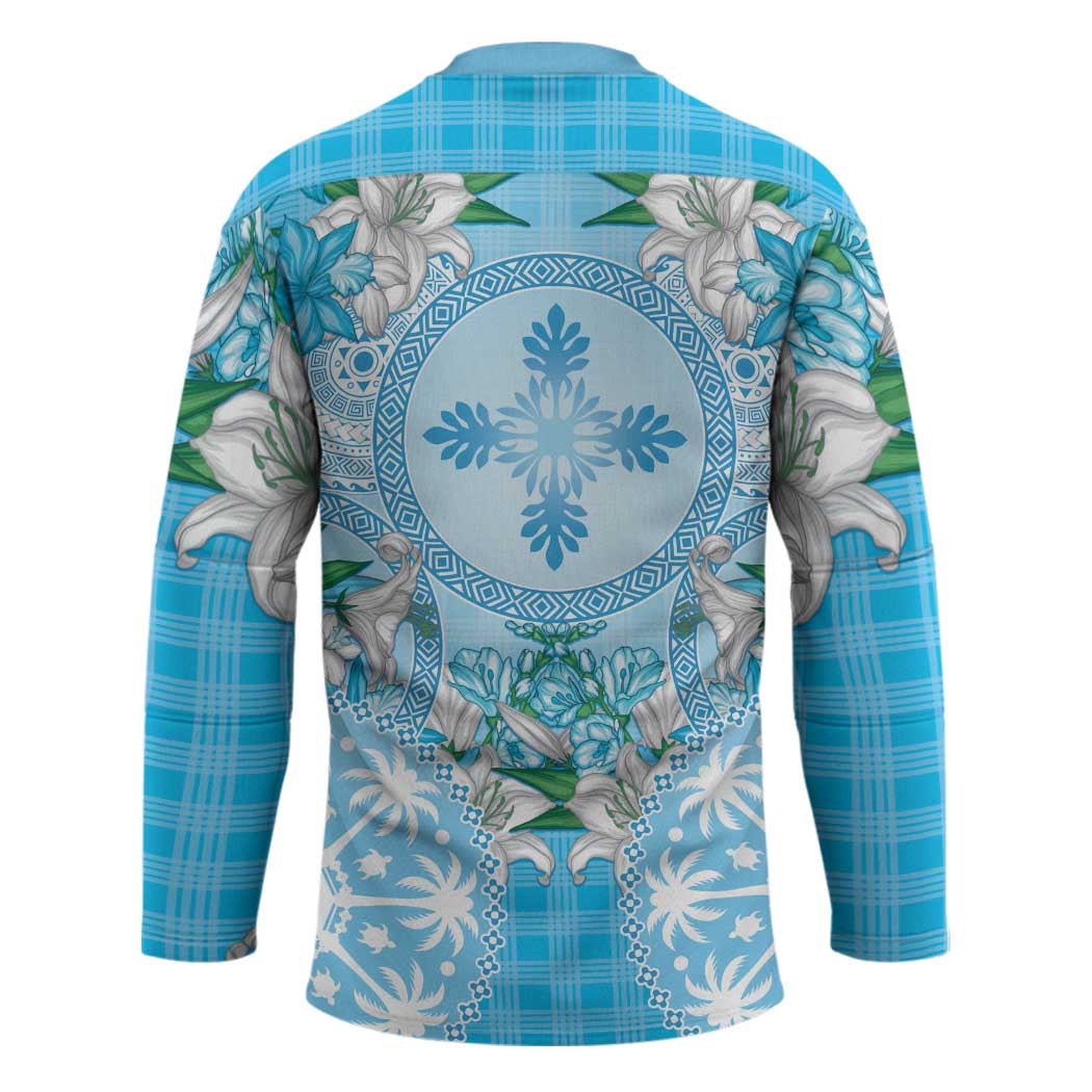 Hawaii Cyan Palaka Hockey Jersey With Tapa Pattern Tropical Flowers LT05 - Polynesian Pride
