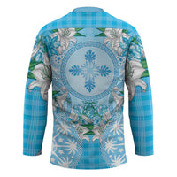 Hawaii Cyan Palaka Hockey Jersey With Tapa Pattern Tropical Flowers LT05 - Polynesian Pride